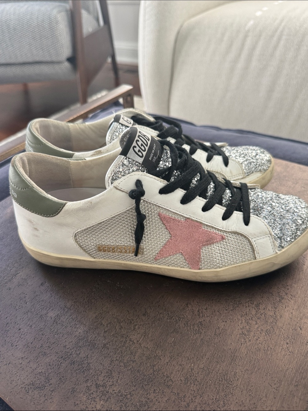 Golden Goose- Women’s White Sneakers with Pink Star & Silver Toe Size 41